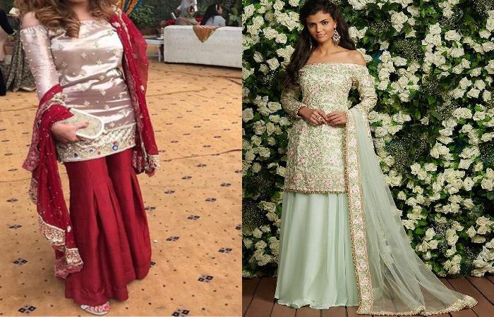 Silver shimmering off shoulder suit design sharara
