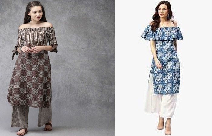 Printed off shoulder suit design shalwar khameez