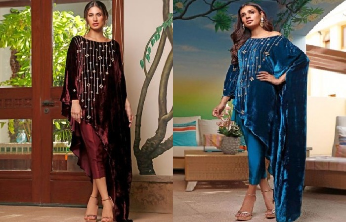 A velvet off shoulder suit